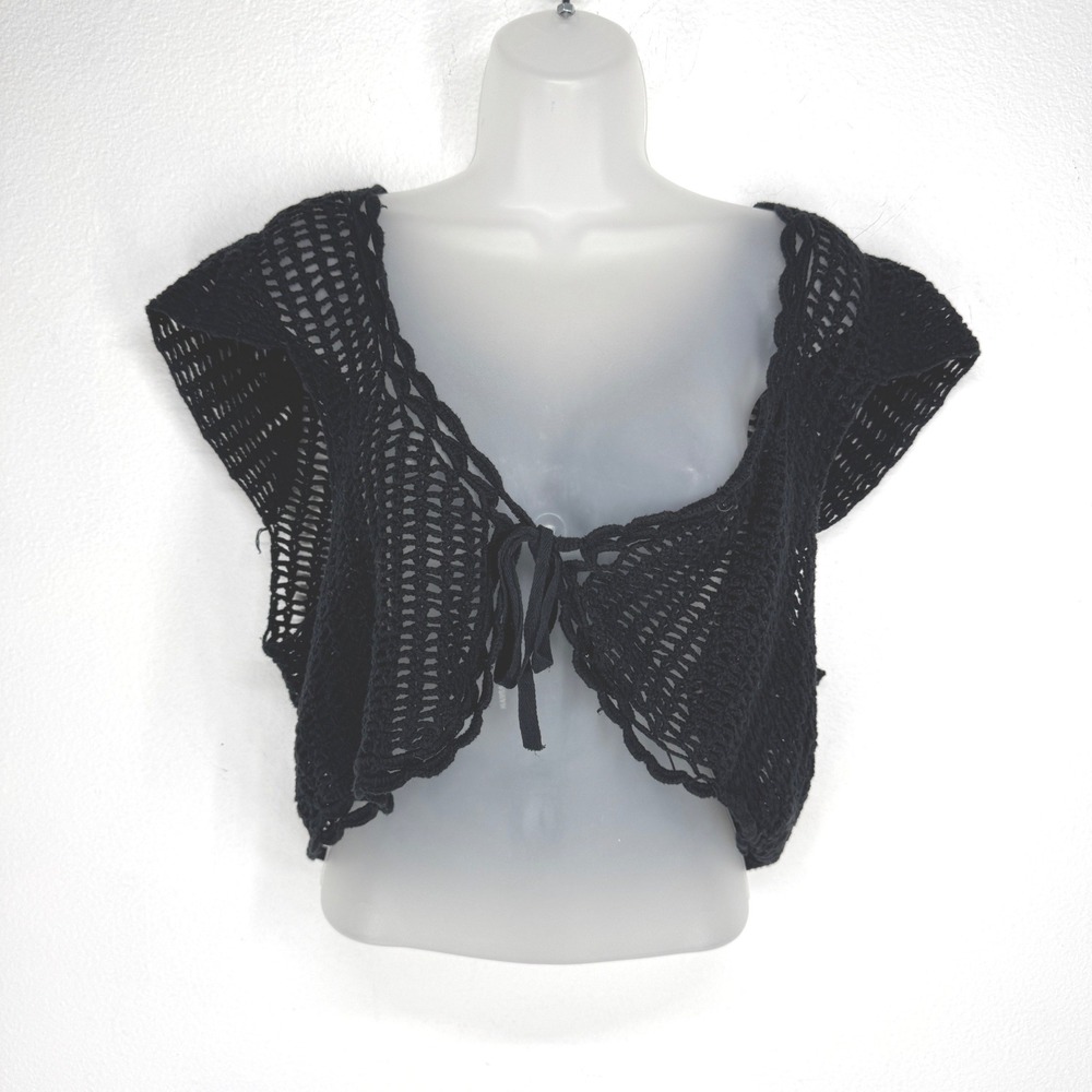 Vintage Black Crochet Knit Bolero Shrug Cotton Tie Front Short Sleeve Size L Y2K